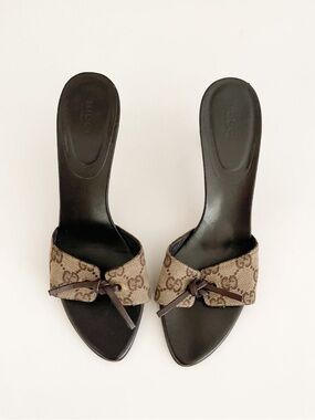 Gucci Brown GG Canvas Slide Mules with Black Footbed